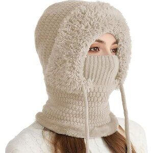 Women 3 in 1 Beanie Hat Upgrade Windproof Thermal Headwear Scarf & Mask Beige